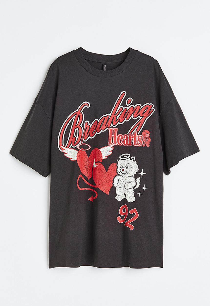 H&M - Oversized printed T-shirt - dark grey/hearts