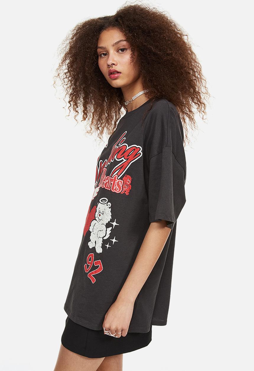 H&M - Oversized printed T-shirt - dark grey/hearts