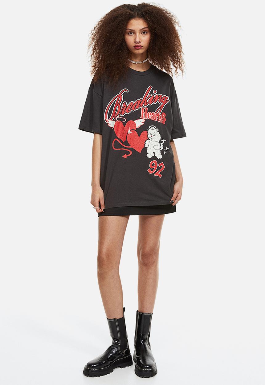 H&M - Oversized printed T-shirt - dark grey/hearts