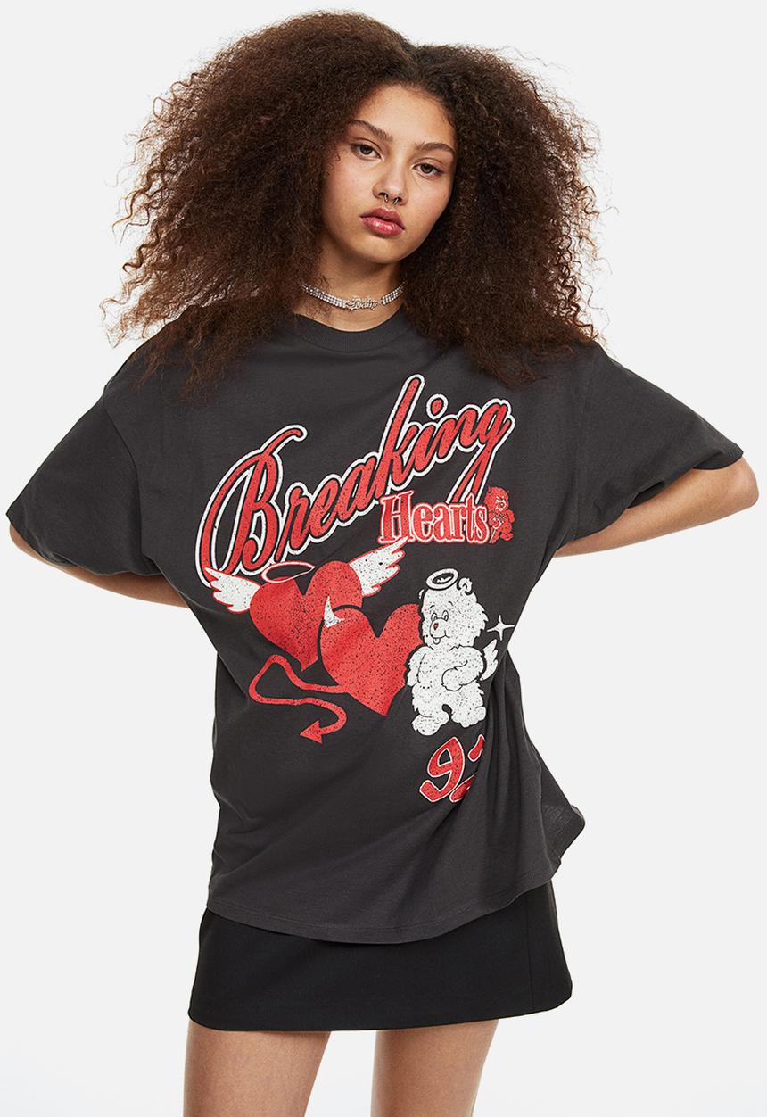 H&M - Oversized printed T-shirt - dark grey/hearts