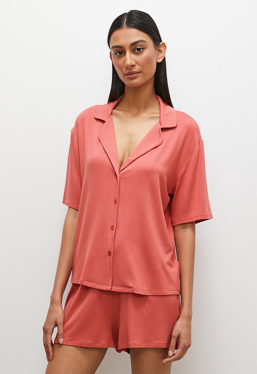 Superbalist - Viscose knit short sleeve button down short set - terracotta