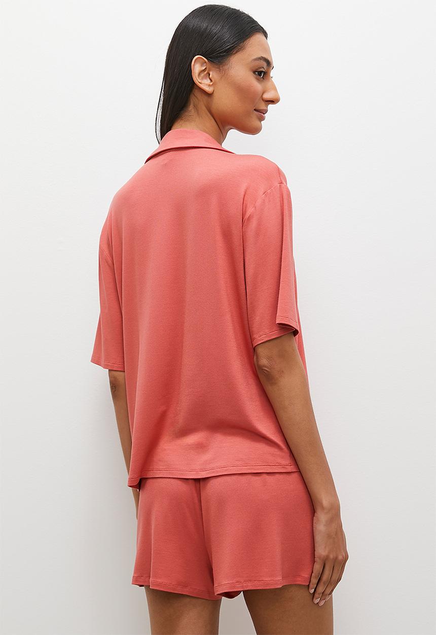 Superbalist - Viscose knit short sleeve button down short set - terracotta