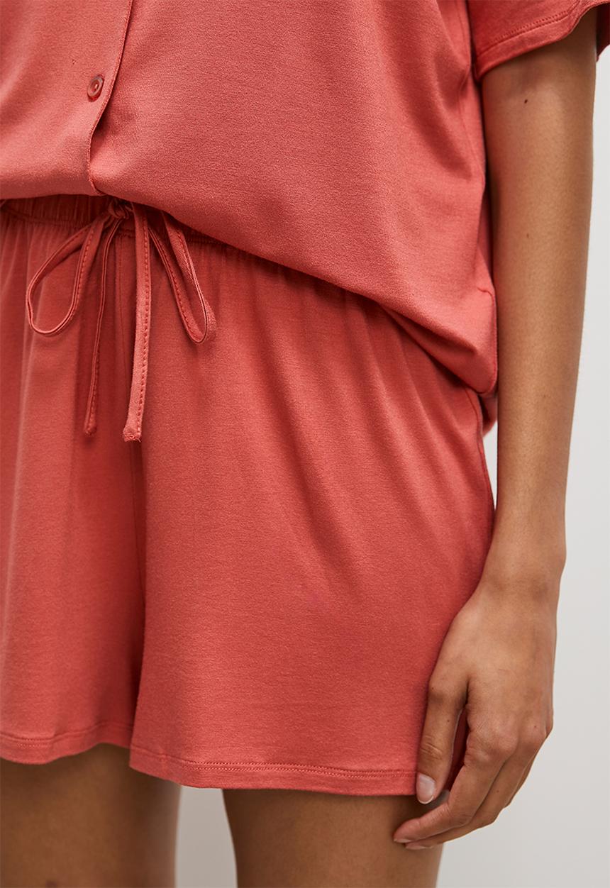 Superbalist - Viscose knit short sleeve button down short set - terracotta