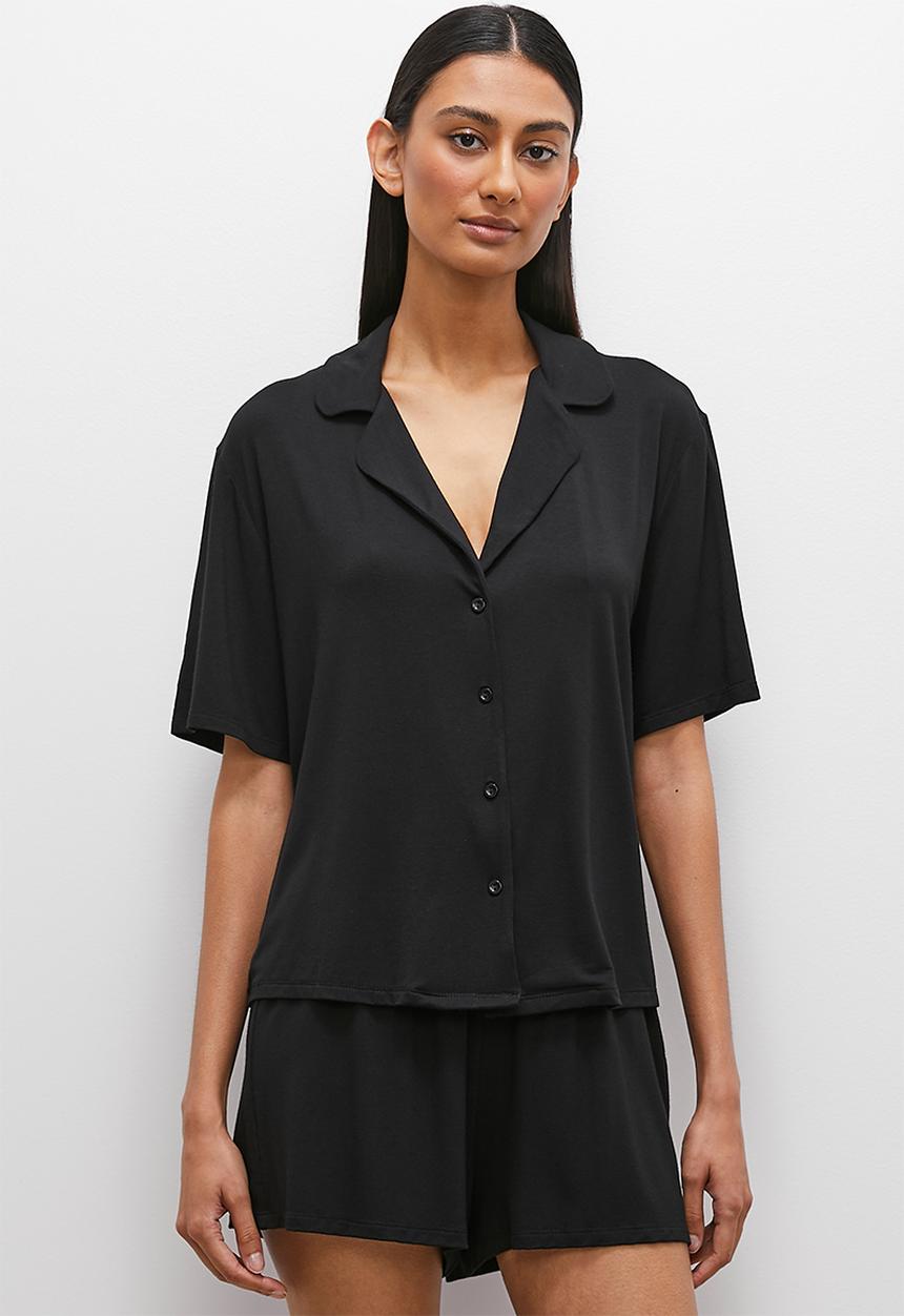 Superbalist - Viscose knit short sleeve button down short set - black