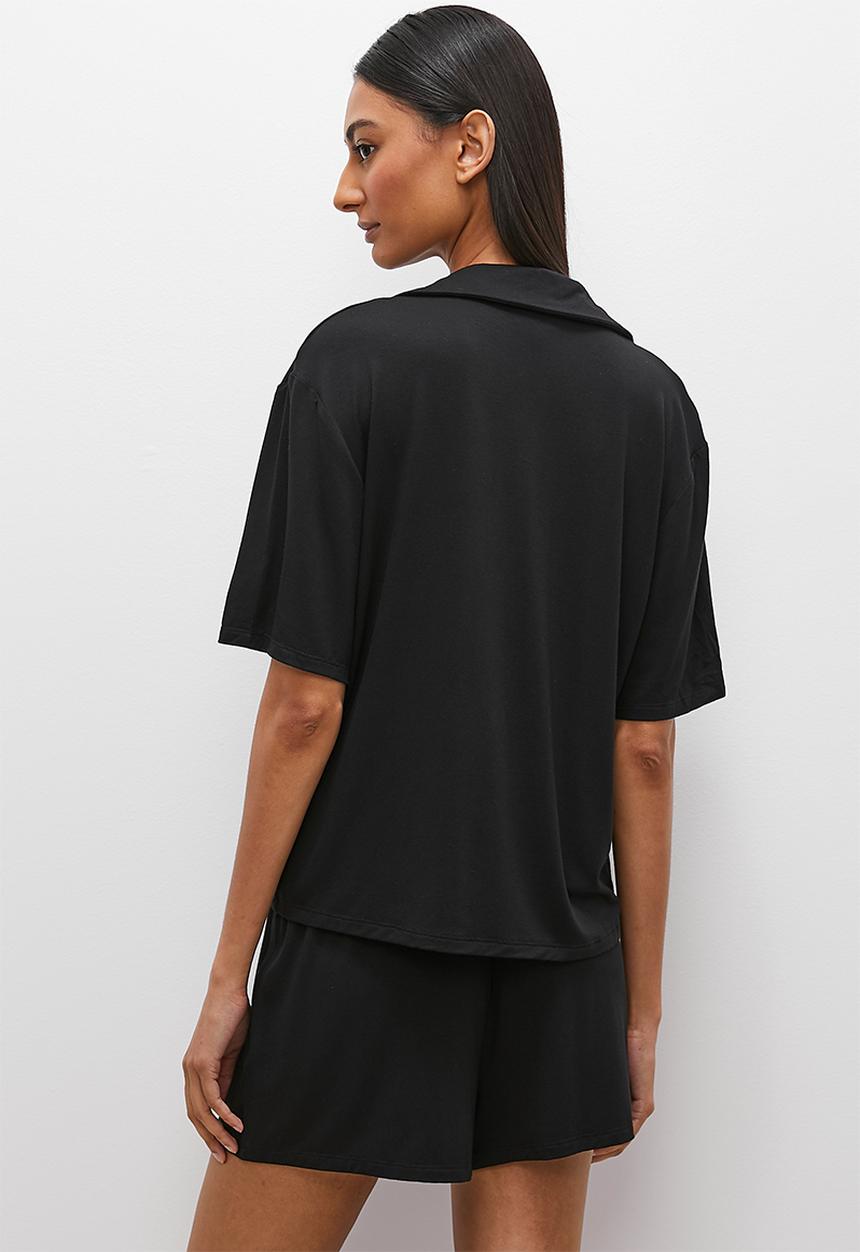 Superbalist - Viscose knit short sleeve button down short set - black