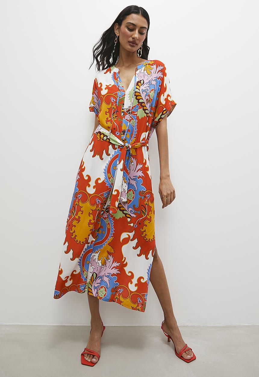 Superbalist - Relaxed notch front tunic dress with slit - red folk scarf print