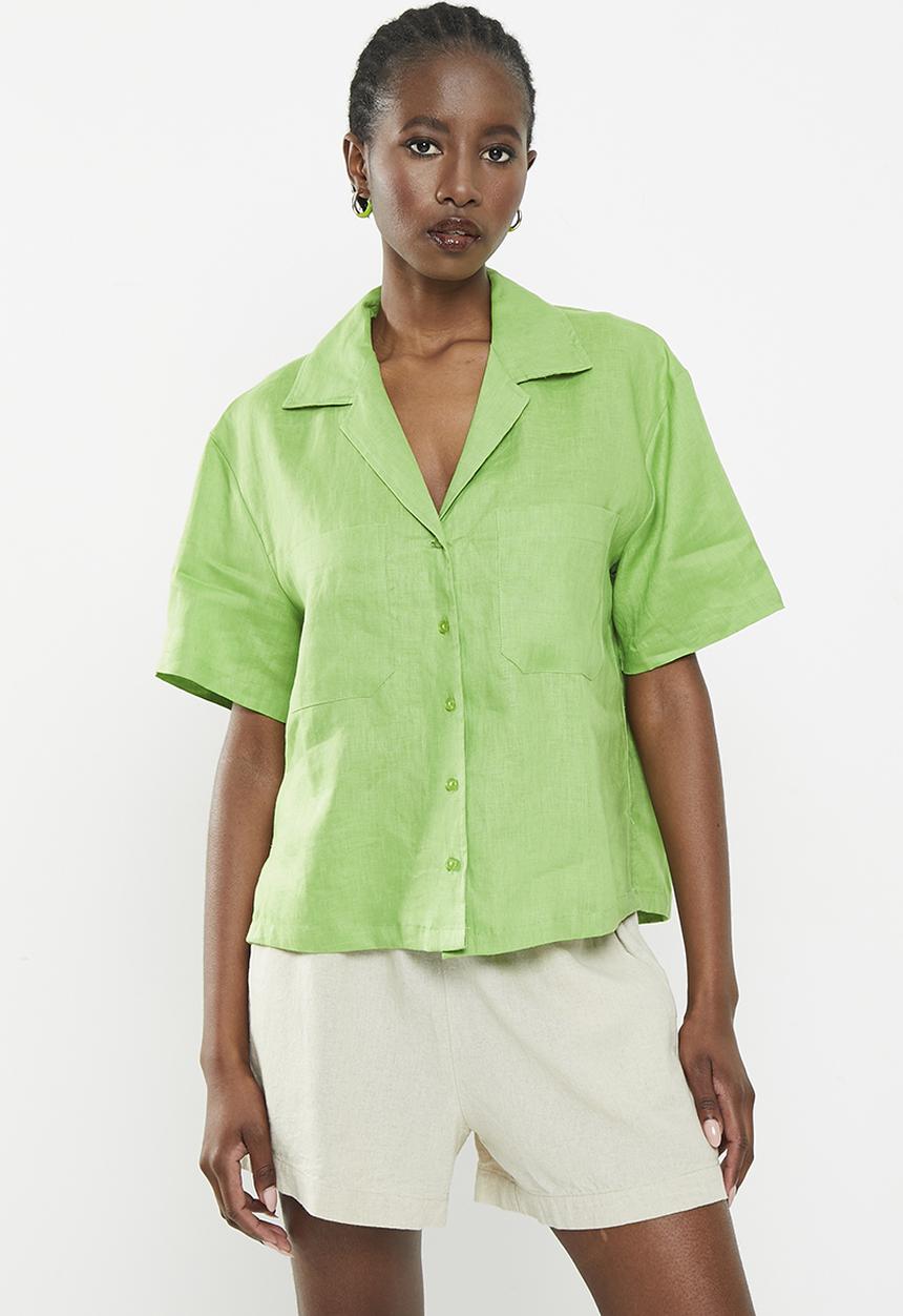 Me&B - Revere collar linen shirt - avocado