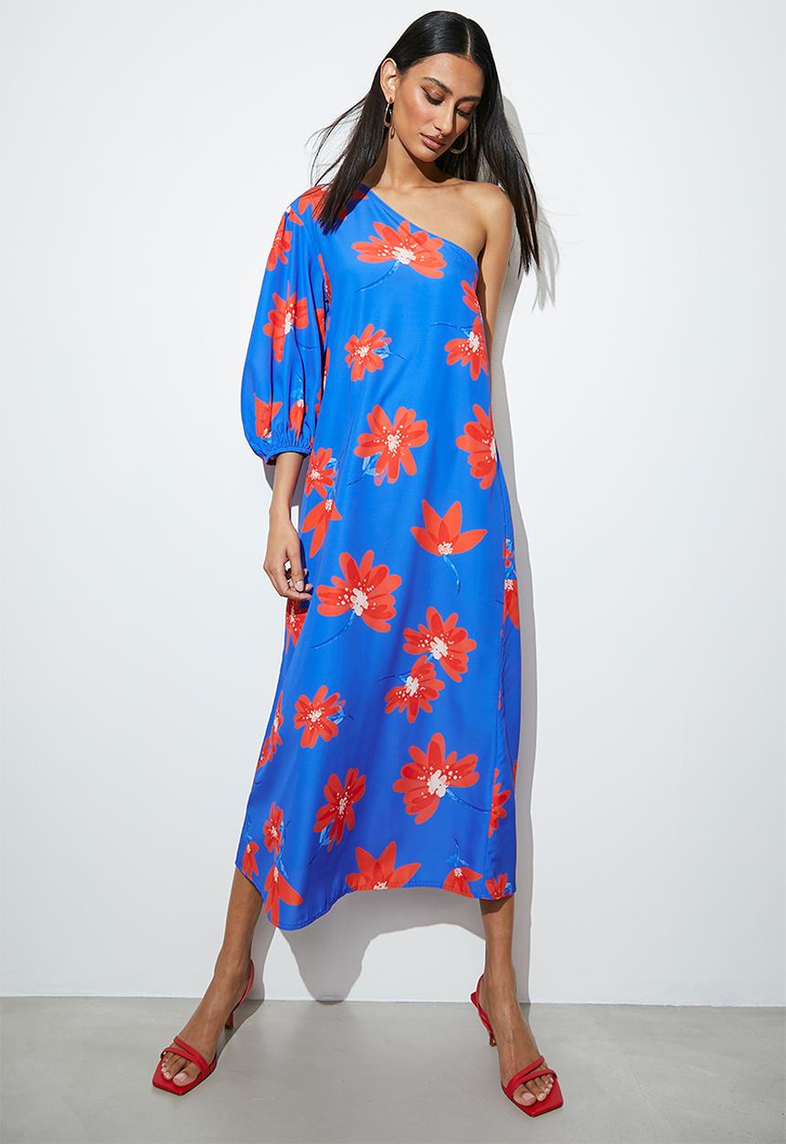 VELVET - Asymmetric midi tunic - red & blue