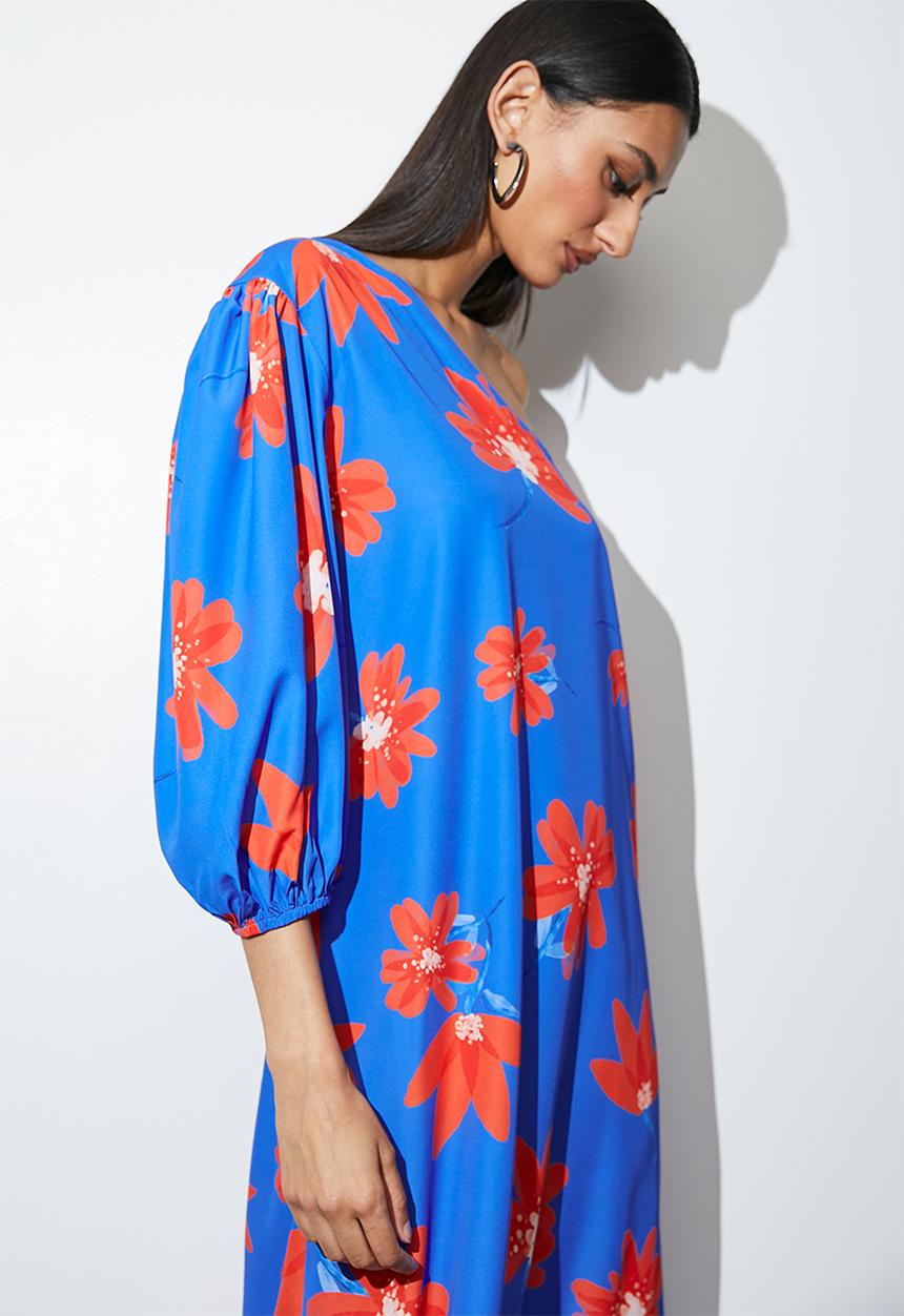 VELVET - Asymmetric midi tunic - red & blue