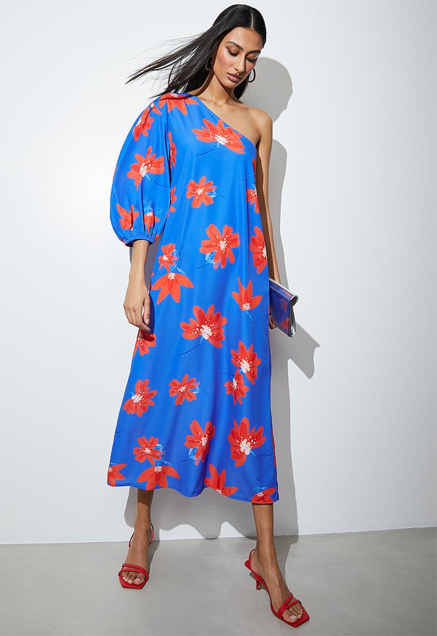 VELVET - Asymmetric midi tunic - red & blue