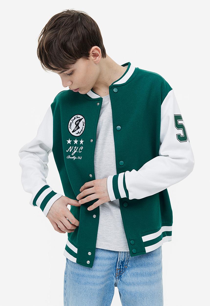 H&M - Appliquéd baseball jacket - dark green/block-coloured 