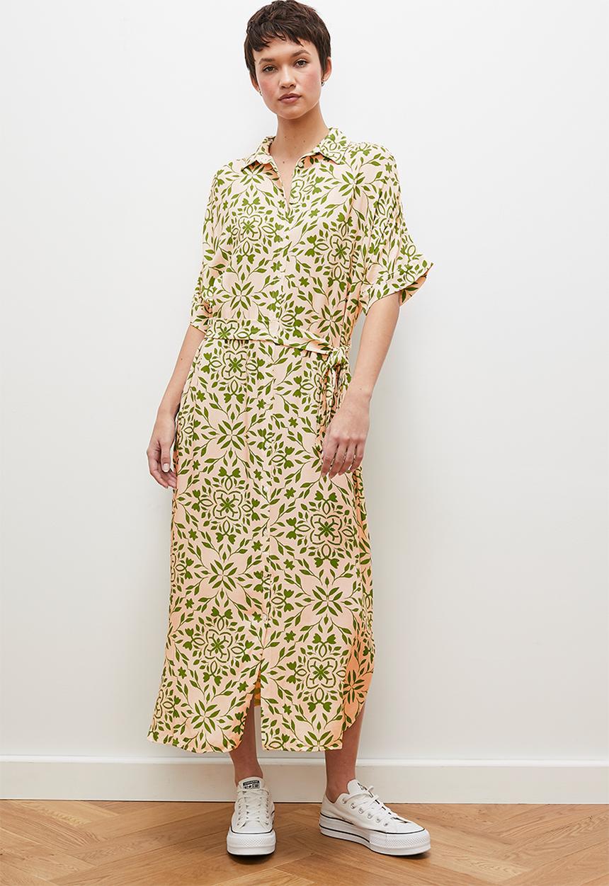 edit - Grown on sleeve button down midi dress- green ecru tile 
