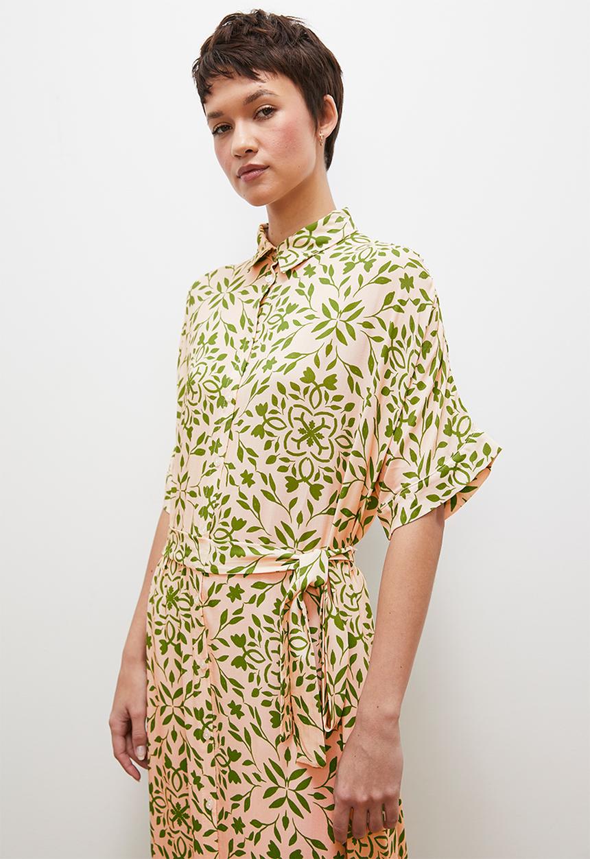 edit - Grown on sleeve button down midi dress- green ecru tile 