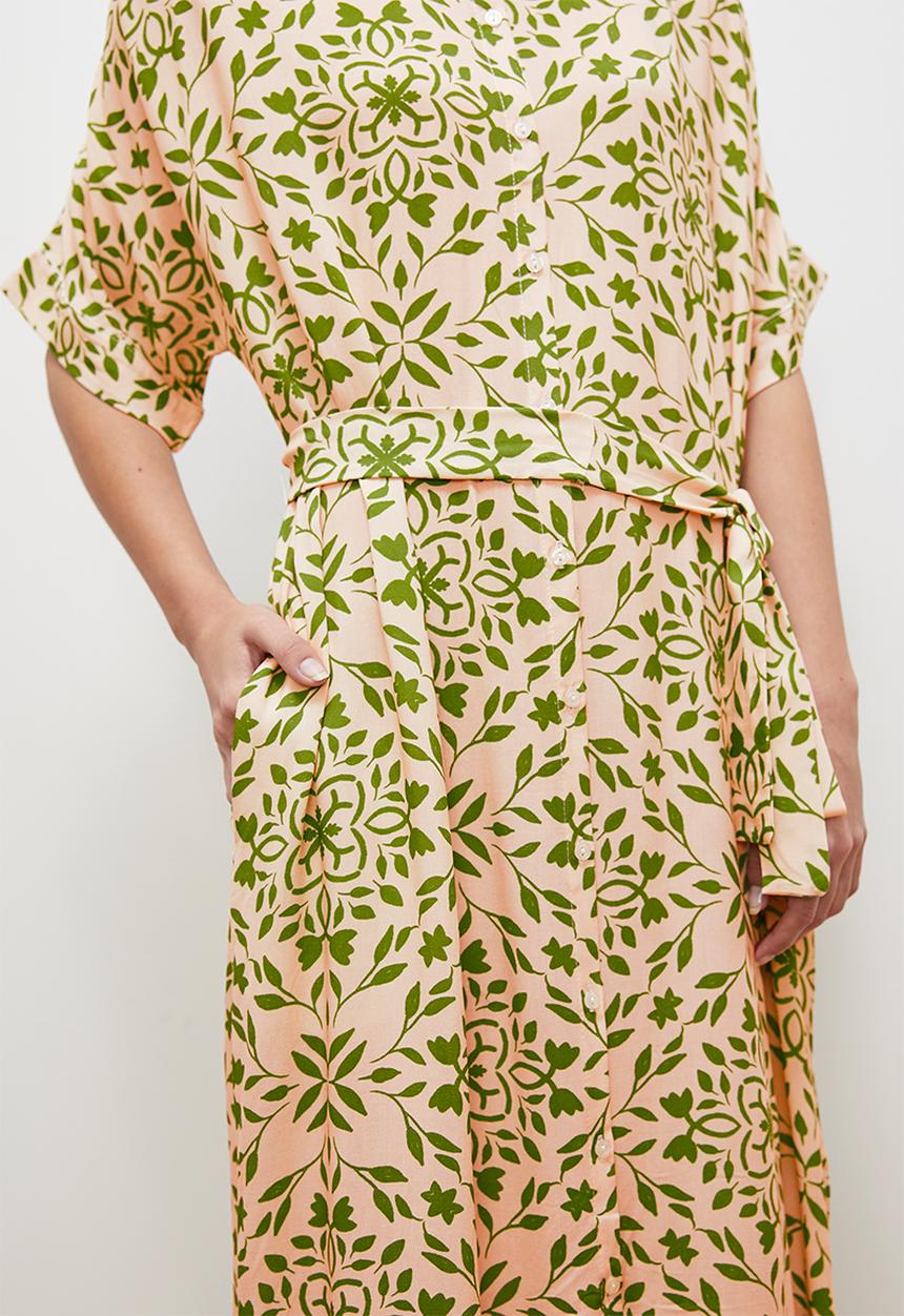 edit - Grown on sleeve button down midi dress- green ecru tile 