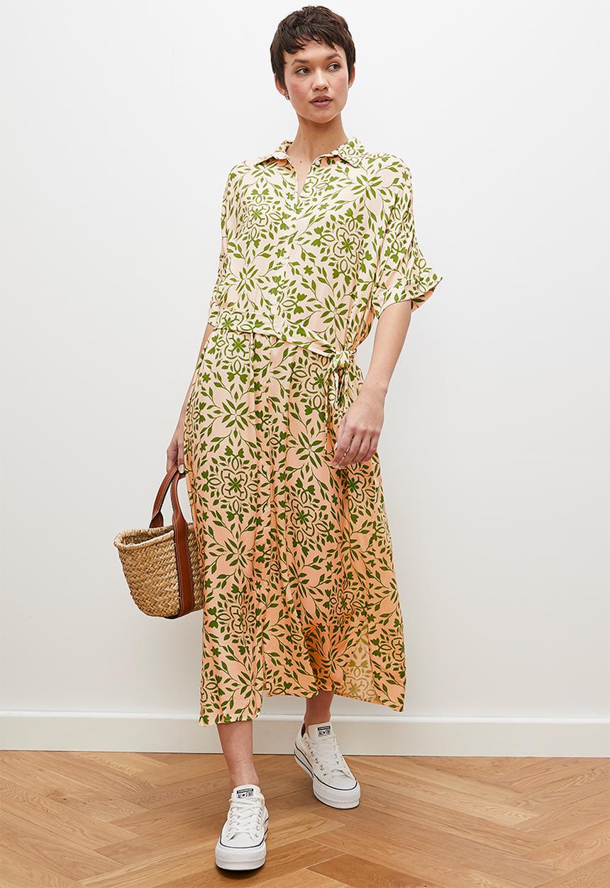 edit - Grown on sleeve button down midi dress- green ecru tile 