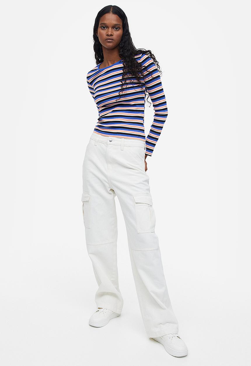 H&M - Sheer ribbed top - bright blue/pink/striped 
