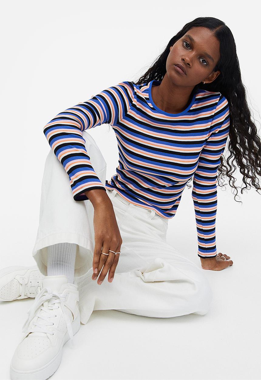 H&M - Sheer ribbed top - bright blue/pink/striped 