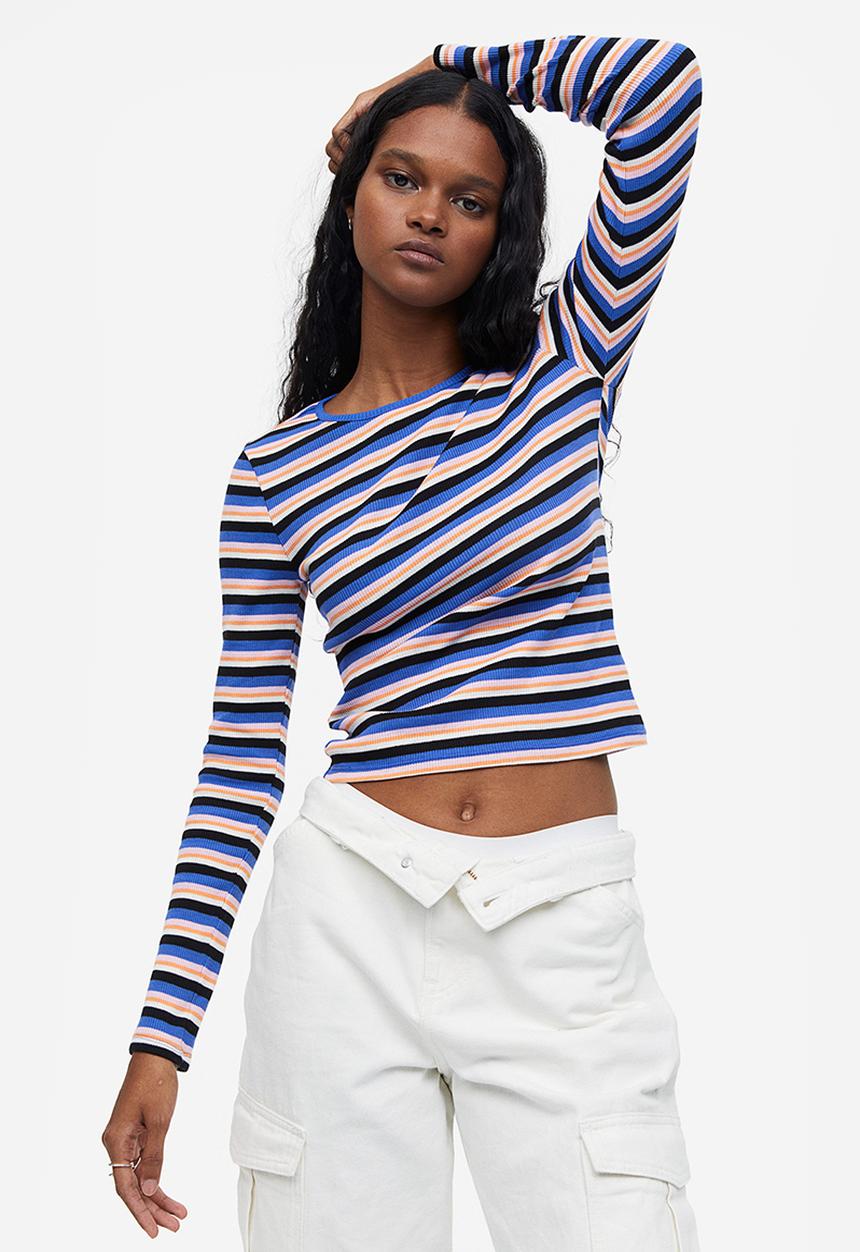 H&M - Sheer ribbed top - bright blue/pink/striped 