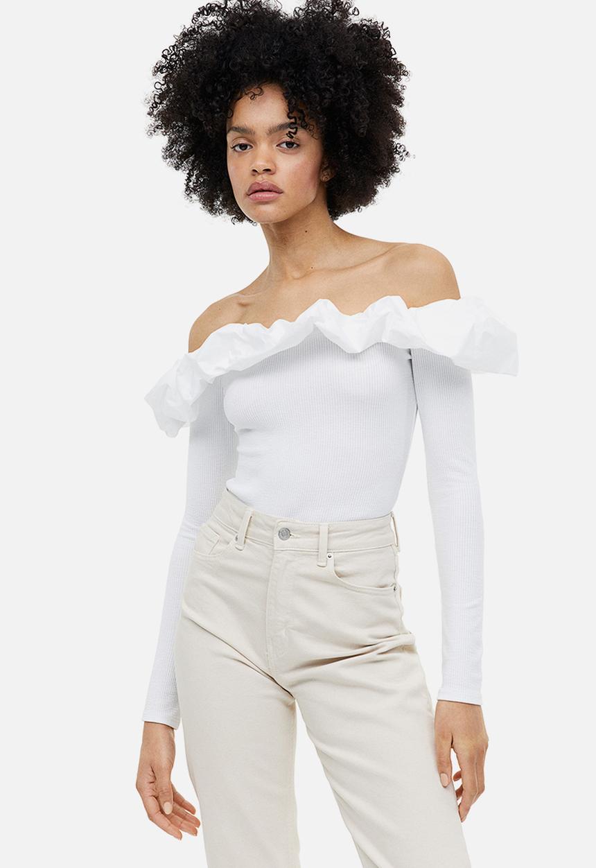 H&M - Flounce-trimmed off-the-shoulder top - white