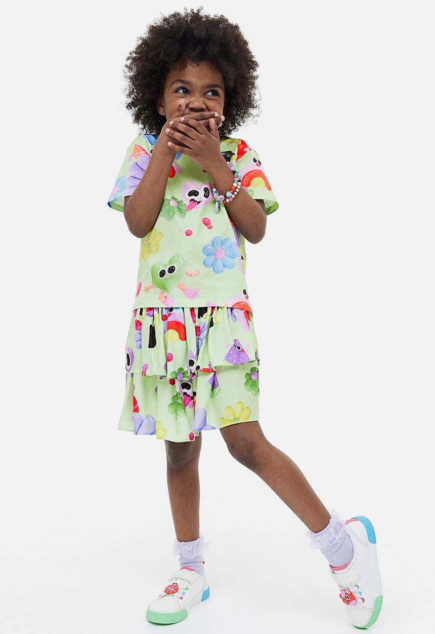 H&M - Eva Cremers x H&M: Tiered skirt - light green/patterned