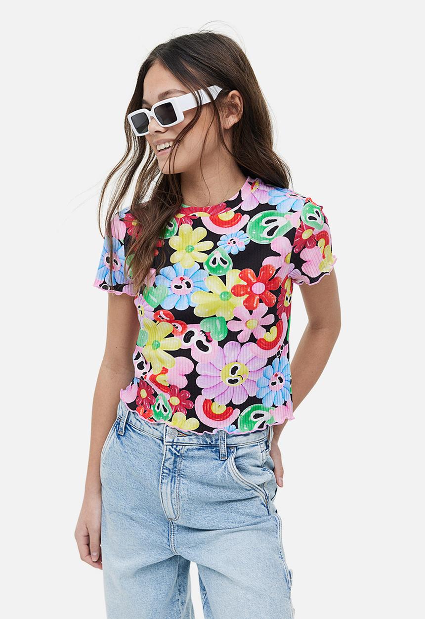 H&M - Eva Cremers x H&M: Printed ribbed T-shirt - black/patterned 