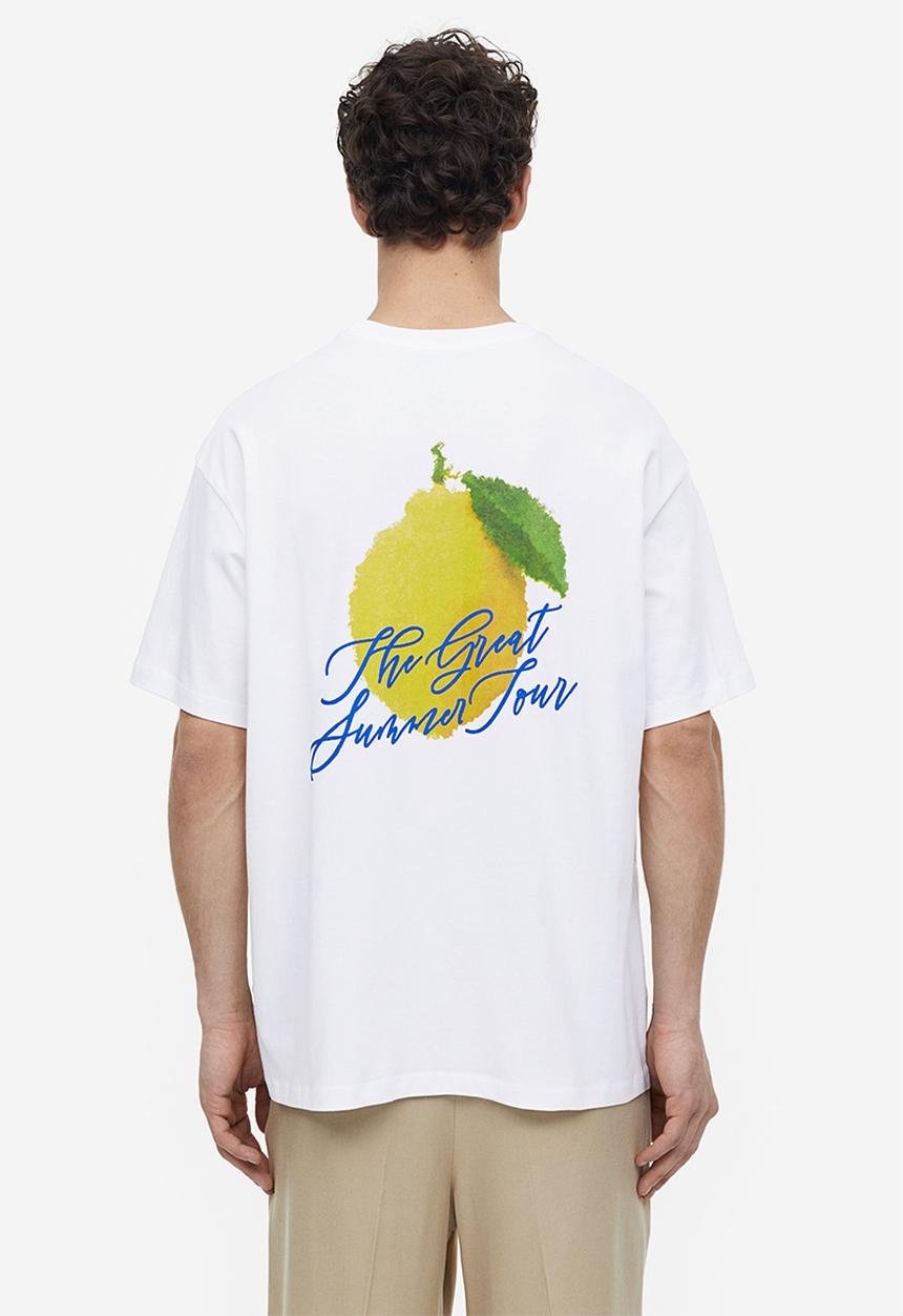 H&M - Relaxed fit printed T-shirt - white/lemon 