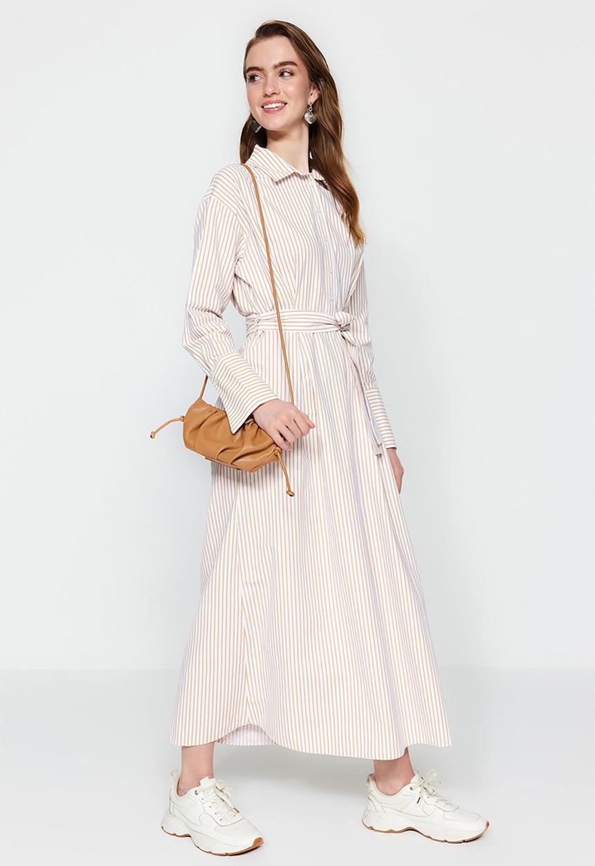 Trendyol - Modest striped shirt dress - beige