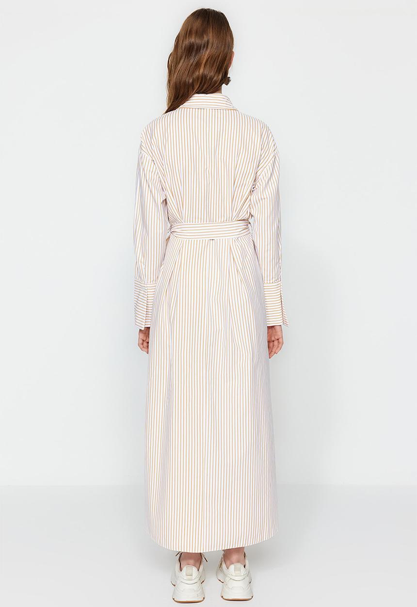 Trendyol - Modest striped shirt dress - beige