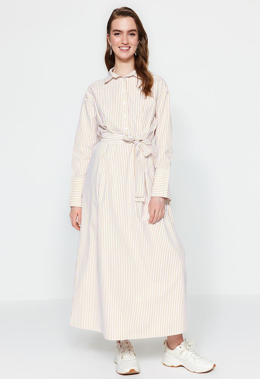 Trendyol - Modest striped shirt dress - beige