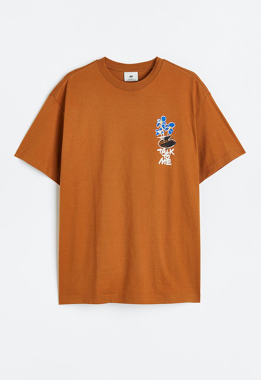 H&M - Relaxed fit printed T-shirt - light brown/talk to me