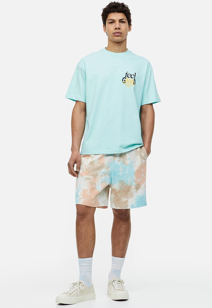 H&M - Relaxed fit printed T-shirt - light turquoise/feel good 