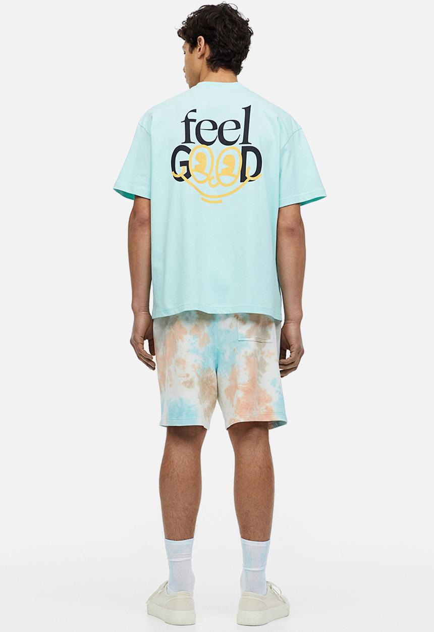 H&M - Relaxed fit printed T-shirt - light turquoise/feel good 