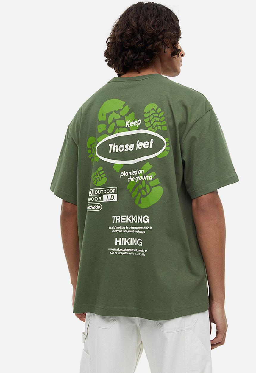 H&M - Relaxed fit printed T-shirt - khaki green/shoe print