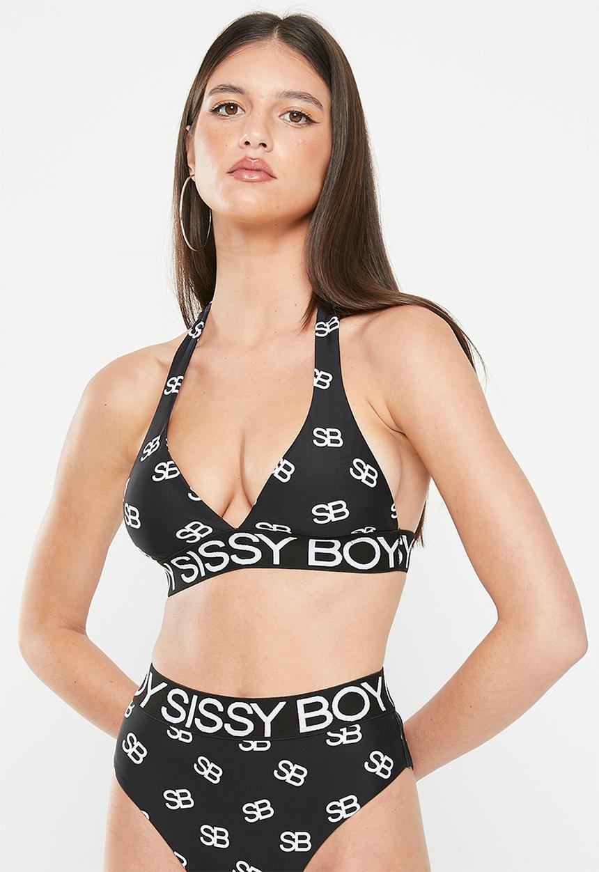 SISSY BOY - Dayna: all over branded bikini top - black / white