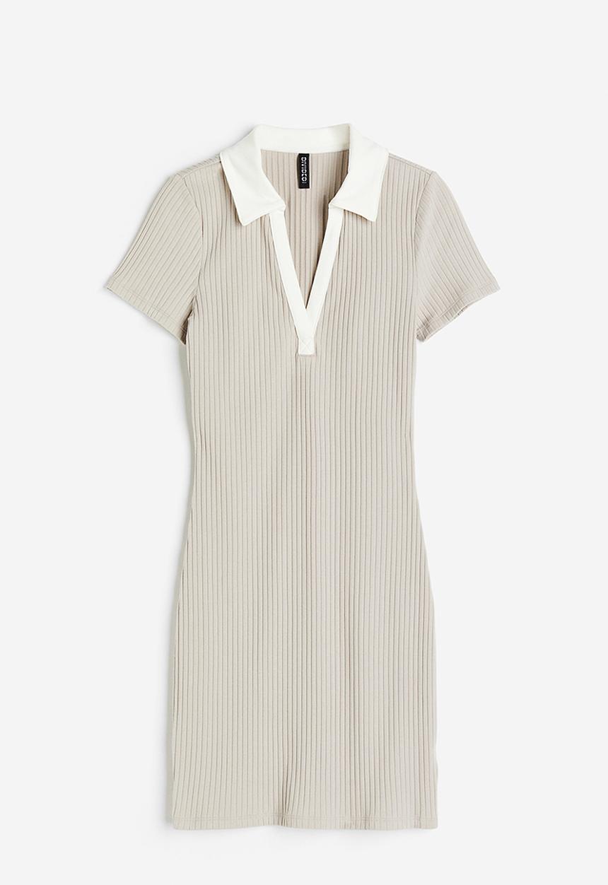 H&M - Collared jersey dress - light greige/white