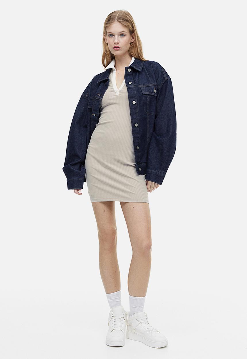 H&M - Collared jersey dress - light greige/white