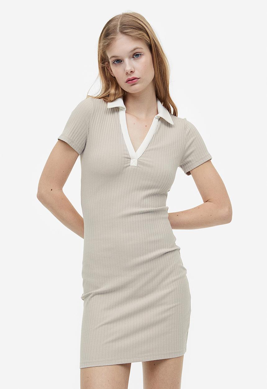 H&M - Collared jersey dress - light greige/white