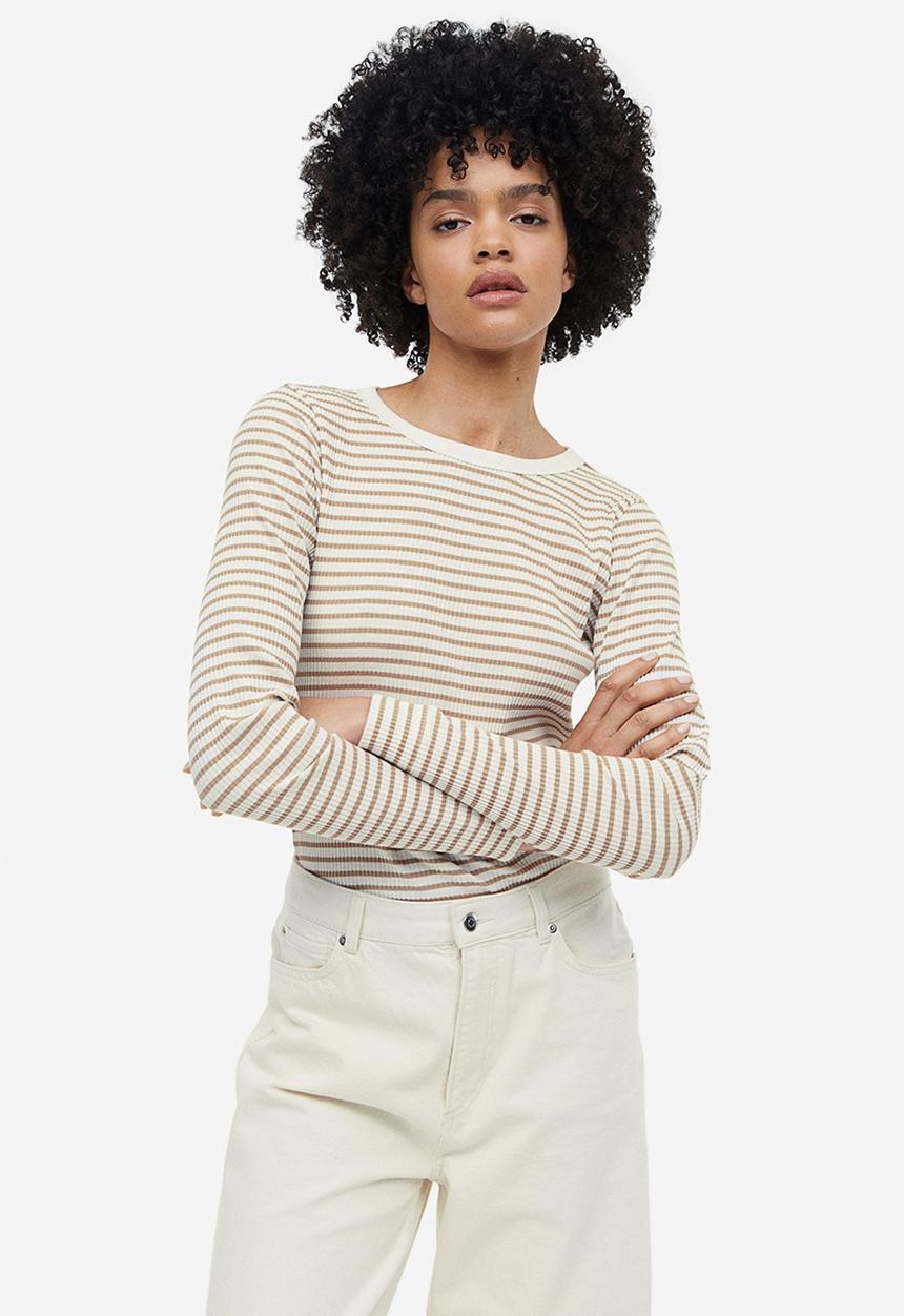 H&M - Ribbed top - white/beige striped