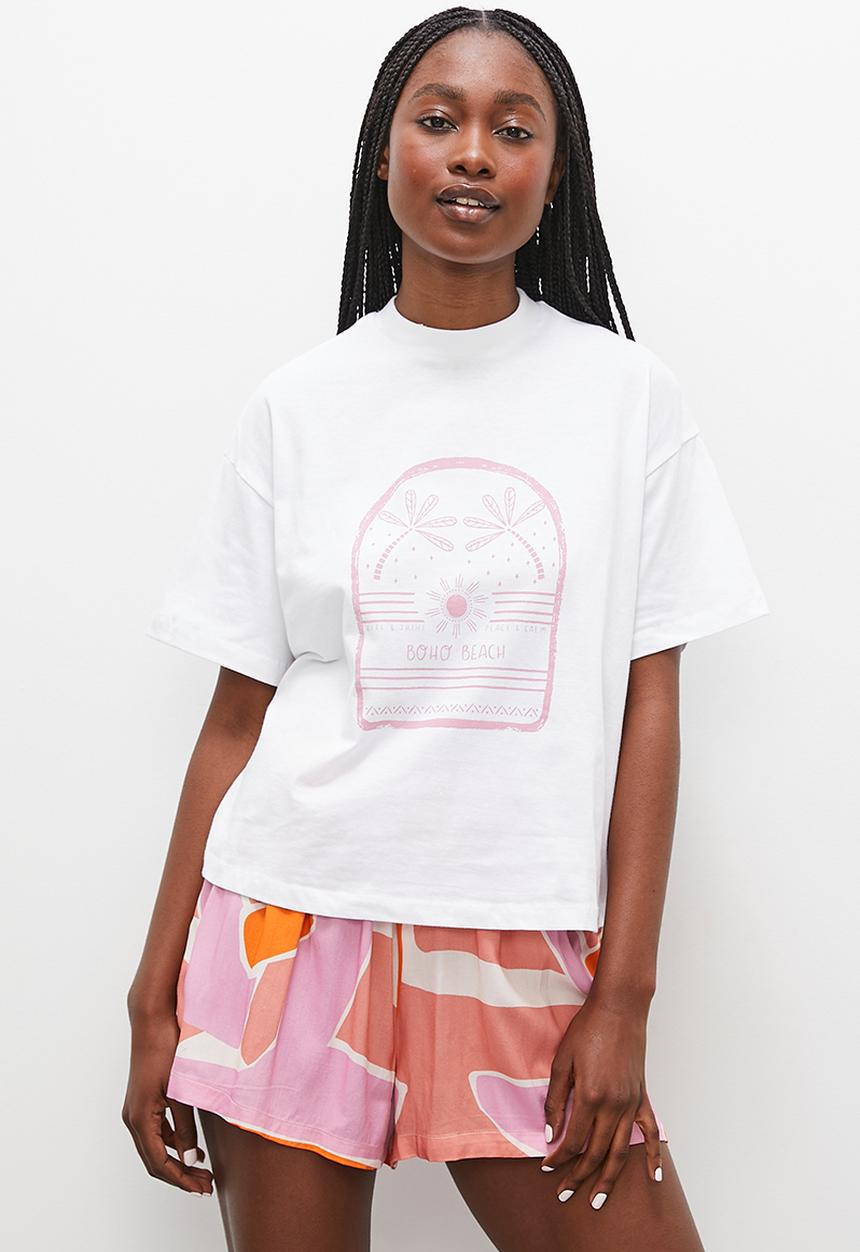 Blake - Woven short & sleep print tee set -  orange/pink abstract 