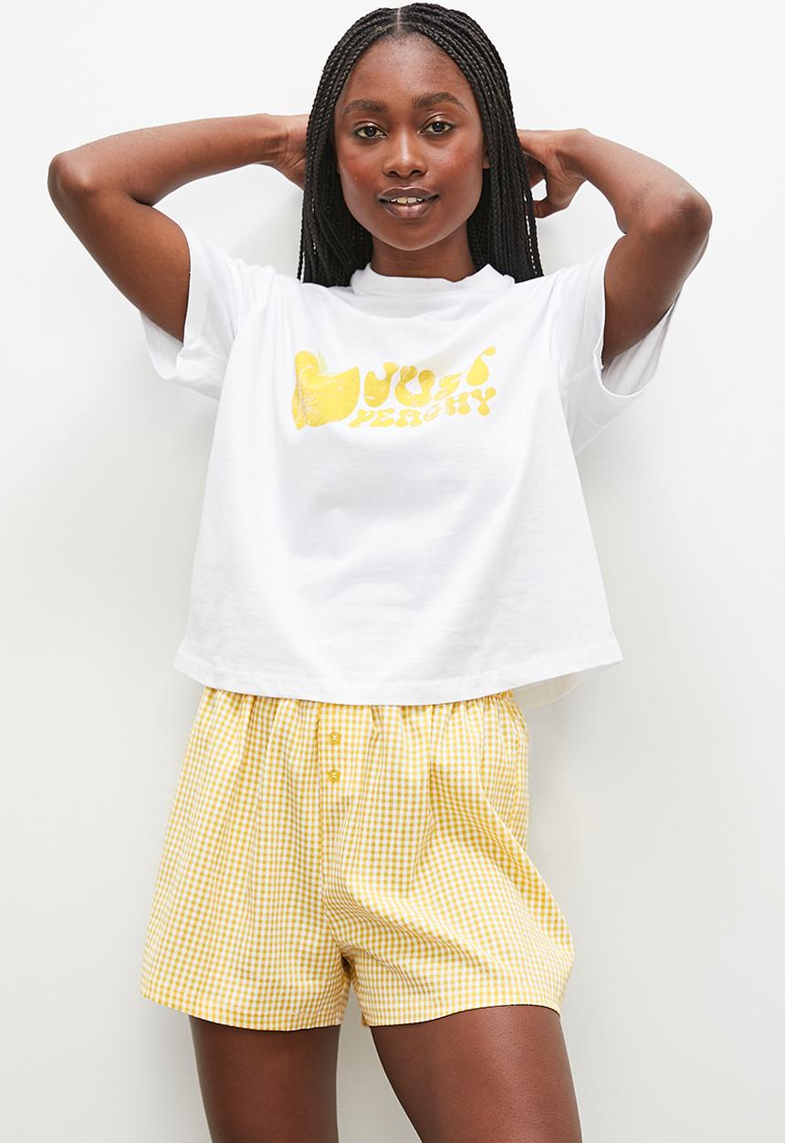 Blake - Woven short & sleep print tee set - white & orange gingham