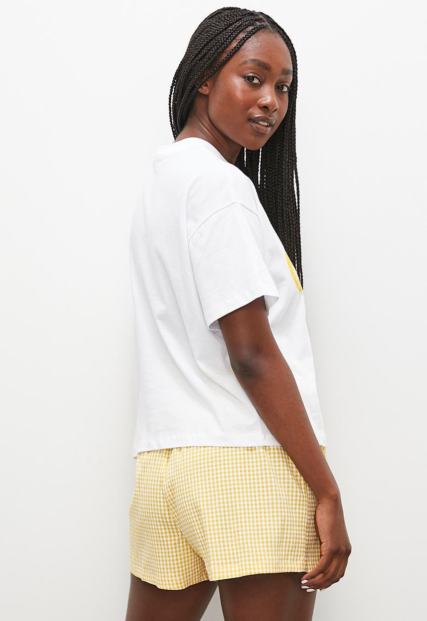 Blake - Woven short & sleep print tee set - white & orange gingham