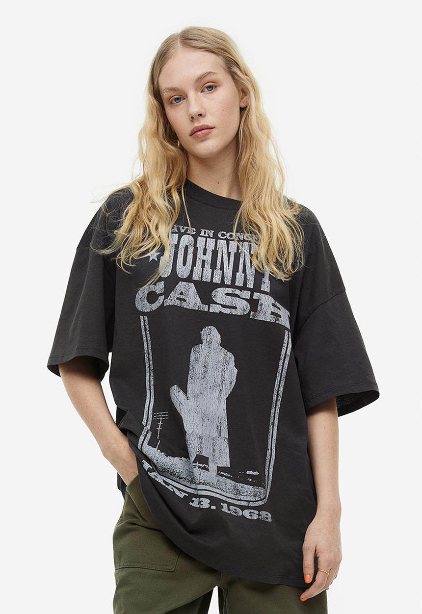 H&M - Oversized printed t-shirt - dark grey/johnny cash