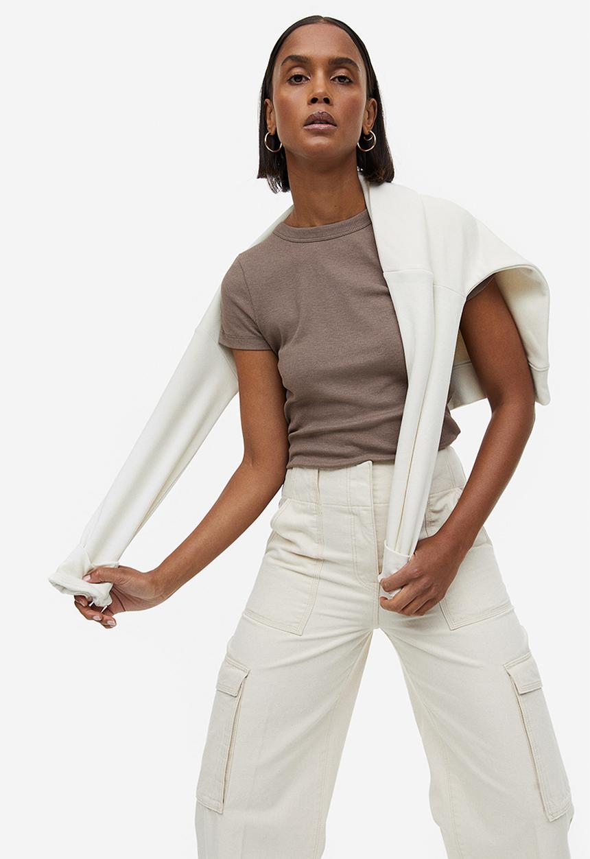 H&M - Ribbed modal-blend t-shirt - dark beige marl 