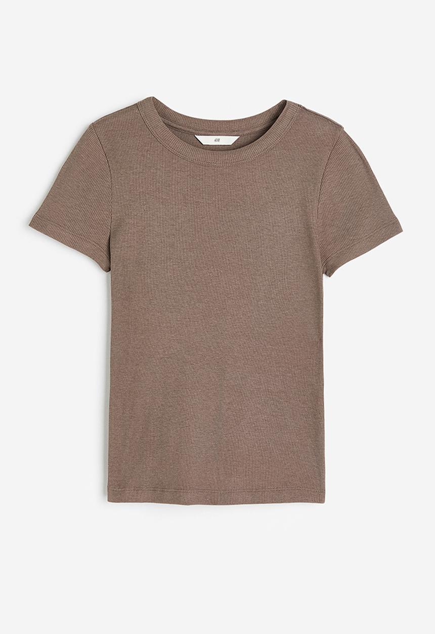 H&M - Ribbed modal-blend t-shirt - dark beige marl 