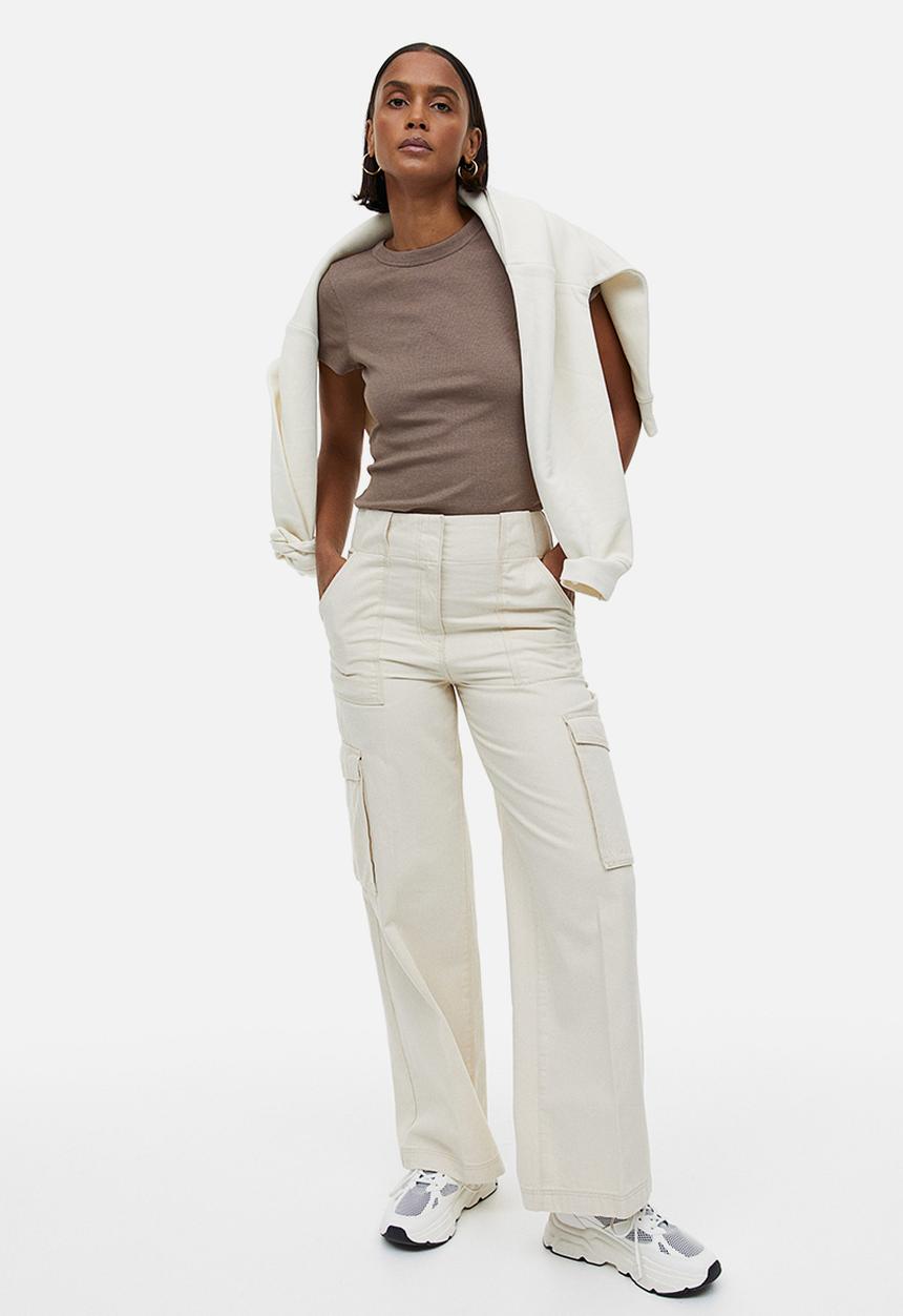 H&M - Ribbed modal-blend t-shirt - dark beige marl 