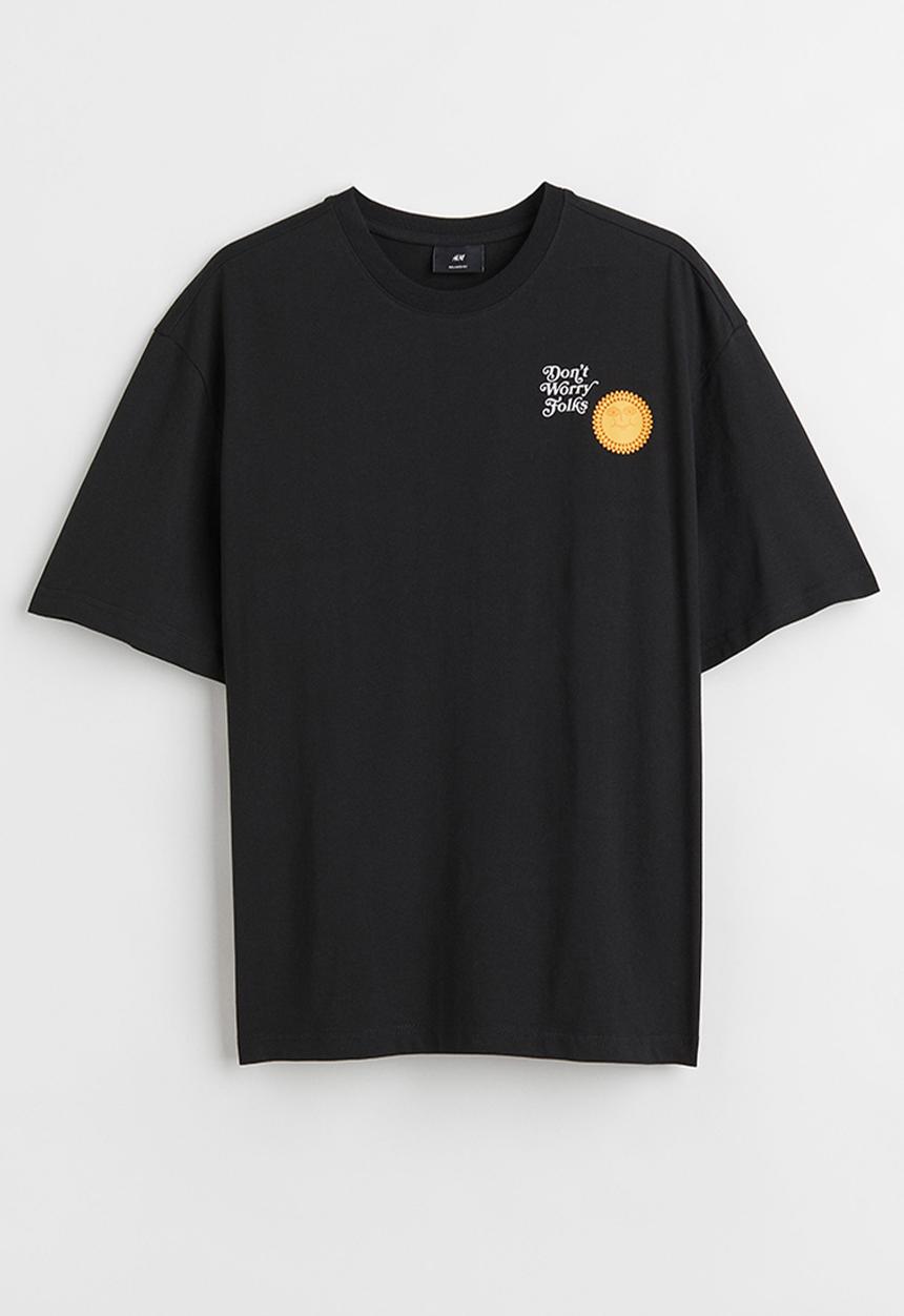 H&M - Relaxed fit printed T-shirt - black/sun 