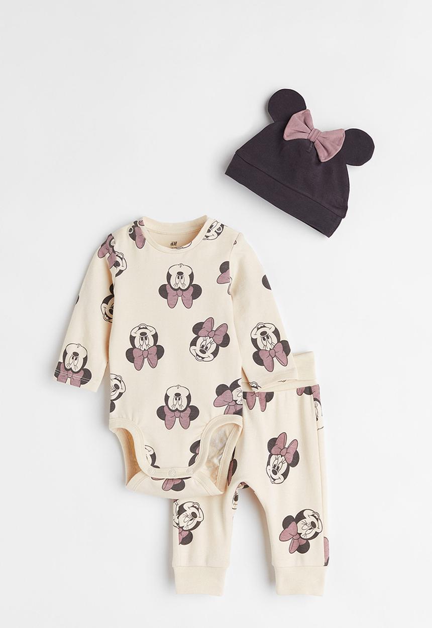 H&M - 3-piece jersey set - light beige/minnie mouse