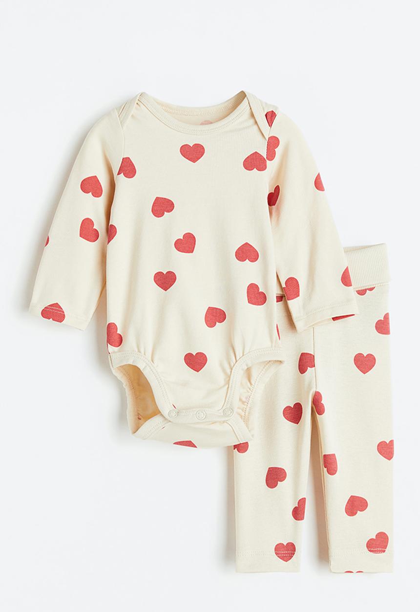 H&M - 2-Piece cotton jersey set - light beige/hearts