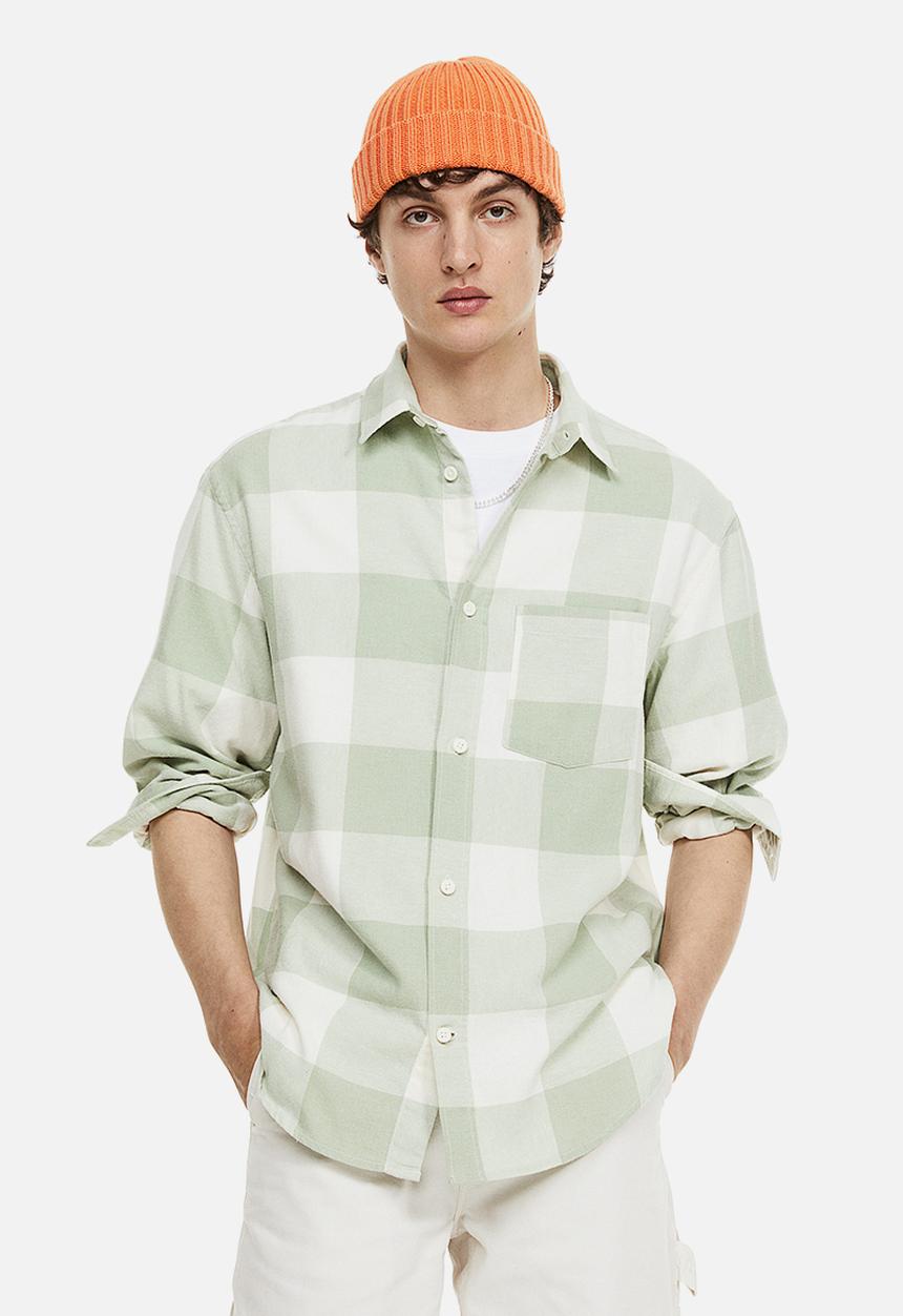 H&M - Relaxed fit flannel shirt - green/white checked