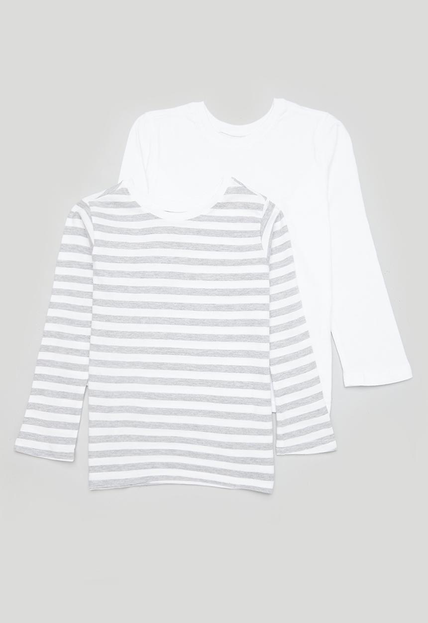 Pop Candy - 2 Pack stripe long sleeve tees - white & grey stripe 